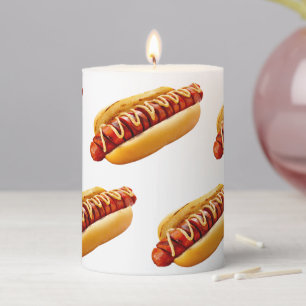 SlipperyJoe's hot dog nestled soft bun vibrant yel Pillar Candle