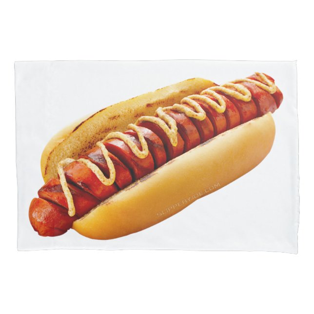 SlipperyJoe's hot dog nestled soft bun vibrant yel Pillow Case (Front)
