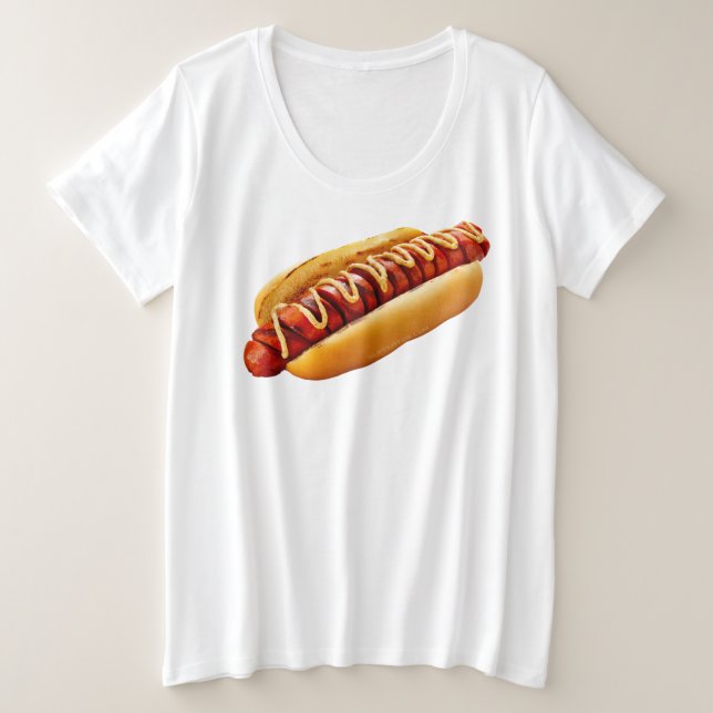 SlipperyJoe's hot dog nestled soft bun vibrant yel Plus Size T-Shirt (Design Front)