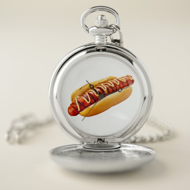 SlipperyJoe's hot dog nestled soft bun vibrant yel Pocket Watch (Inside)