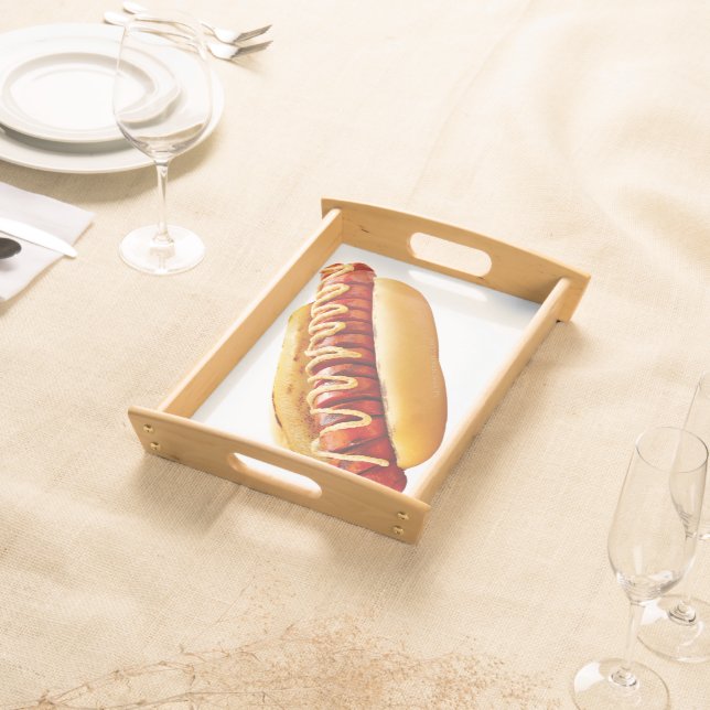 SlipperyJoe's hot dog nestled soft bun vibrant yel Serving Tray (Front)