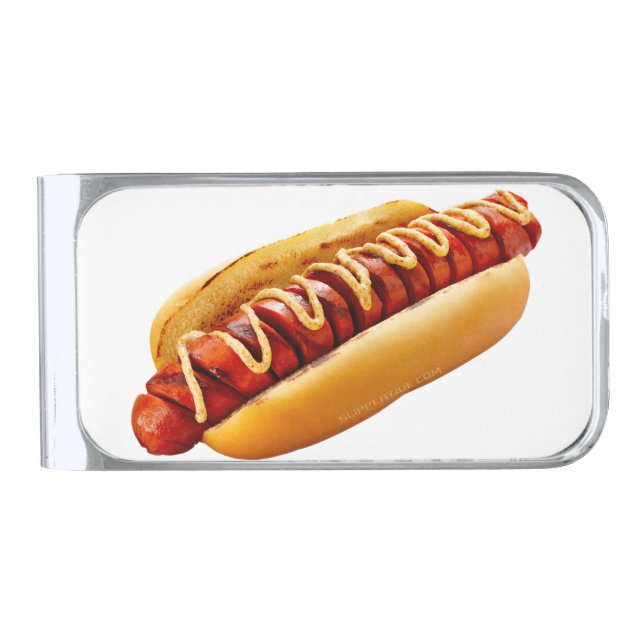 SlipperyJoe's hot dog nestled soft bun vibrant yel Silver Finish Money Clip (Front)