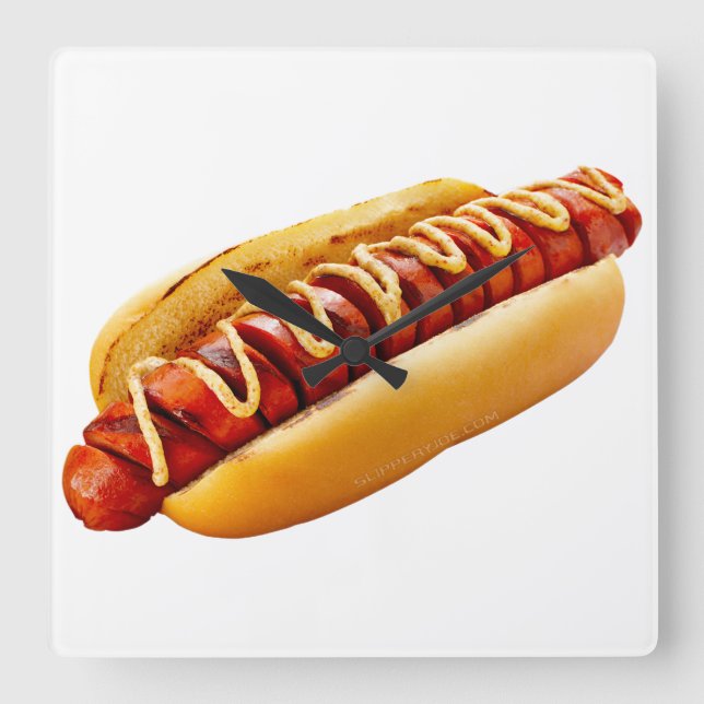 SlipperyJoe's hot dog nestled soft bun vibrant yel Square Wall Clock (Front)