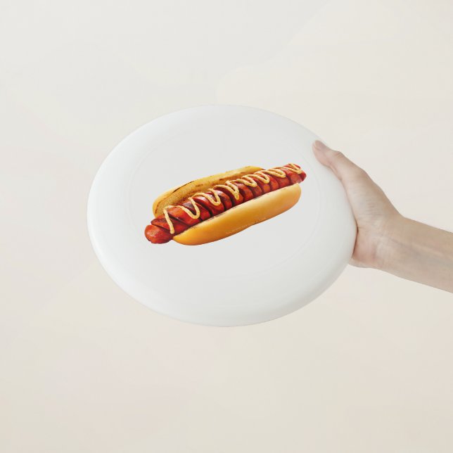 SlipperyJoe's hot dog nestled soft bun vibrant yel Wham-O Frisbee (In Hand)