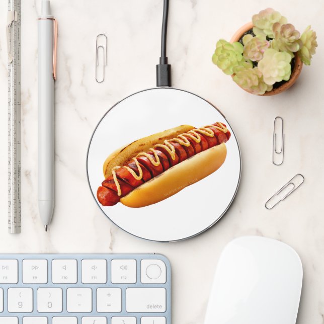 SlipperyJoe's hot dog nestled soft bun vibrant yel Wireless Charger (Desk)