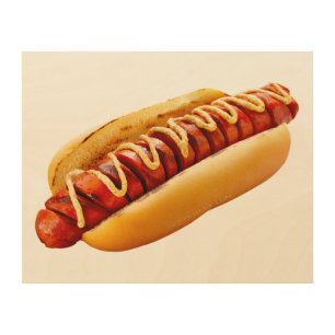 SlipperyJoe's hot dog nestled soft bun vibrant yel Wood Wall Art