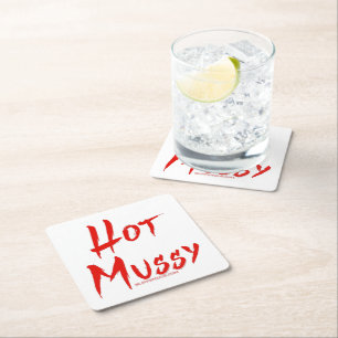 SlipperyJoe's hot mussy bold vivid red text brushs Square Paper Coaster