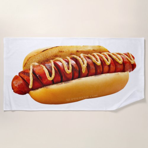 SlipperyJoes Hotdog mustard sliced meat bun grill Beach Towel