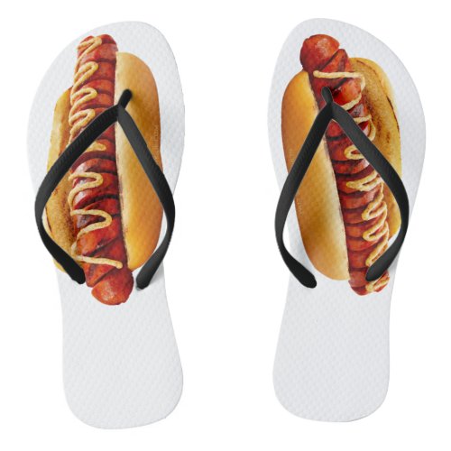 SlipperyJoes Hotdog mustard sliced meat bun grill Flip Flops