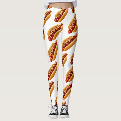 SlipperyJoes Hotdog mustard sliced meat bun grill Leggings