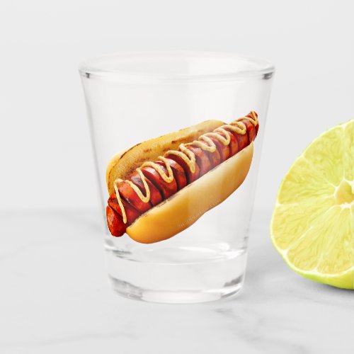 SlipperyJoes Hotdog mustard sliced meat bun grill Shot Glass