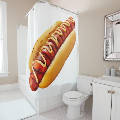 SlipperyJoes Hotdog mustard sliced meat bun grill Shower Curtain