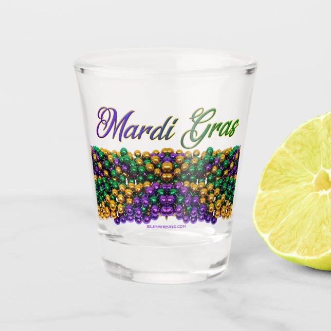 SlipperyJoe's iconic Mardi Gras–themed image elega Shot Glass (Front)