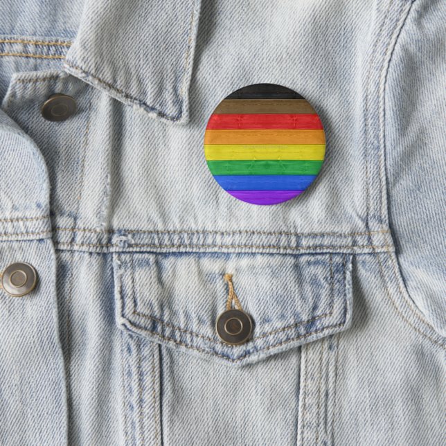 SlipperyJoe's Inclusive gay pride flag textured ru Button (In Situ)