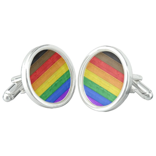 SlipperyJoe's Inclusive gay pride flag textured ru Cufflinks (Angled)