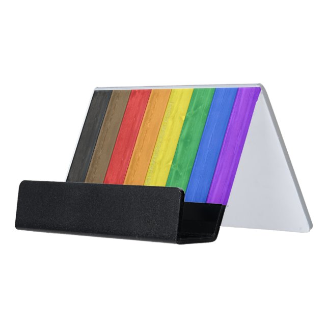 SlipperyJoe's Inclusive gay pride flag textured ru Desk Business Card Holder (Angled Front)
