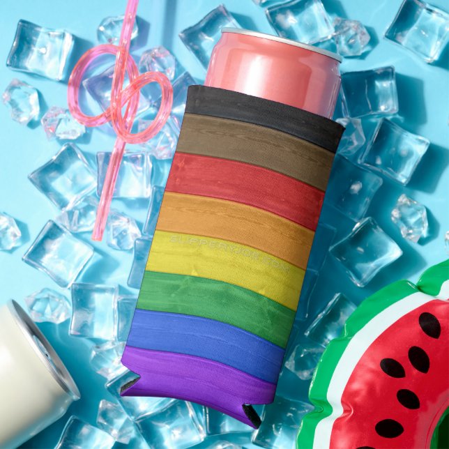SlipperyJoe's Inclusive gay pride flag textured ru Seltzer Can Cooler (In Situ Summer)
