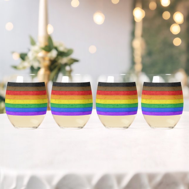 SlipperyJoe's Inclusive gay pride flag textured ru Stemless Wine Glass (Insitu (Wedding))