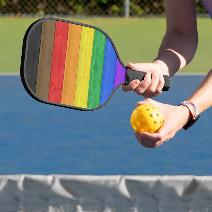 SlipperyJoe's inclusive gay pride flag wooden blac Pickleball Paddle Zazzle