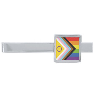 SlipperyJoe's Intersex pride flag yellow backgroun Silver Finish Tie Bar