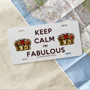 SlipperyJoe's keep calm fabulous golden crown red License Plate