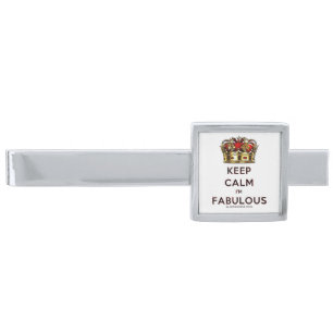 SlipperyJoe's keep calm fabulous golden crown red Silver Finish Tie Bar