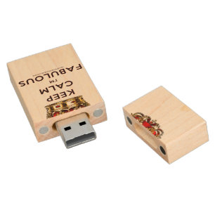 SlipperyJoe's keep calm fabulous golden crown red Wood Flash Drive