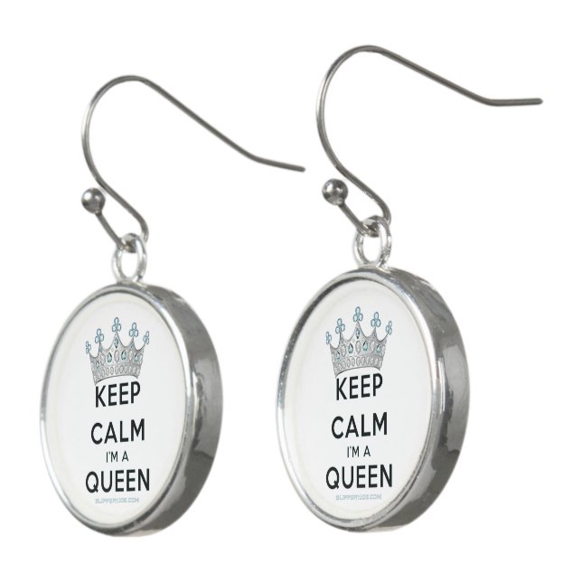 SlipperyJoe's keep calm queen polished silver crow Earrings (Angled)