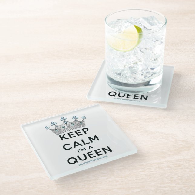 SlipperyJoe's keep calm queen polished silver crow Glass Coaster (Angled)