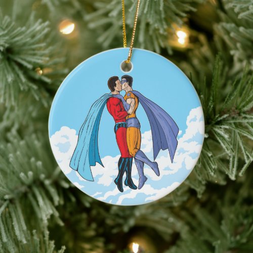 SlipperyJoes kissing superheroes flying gay coupl Ceramic Ornament