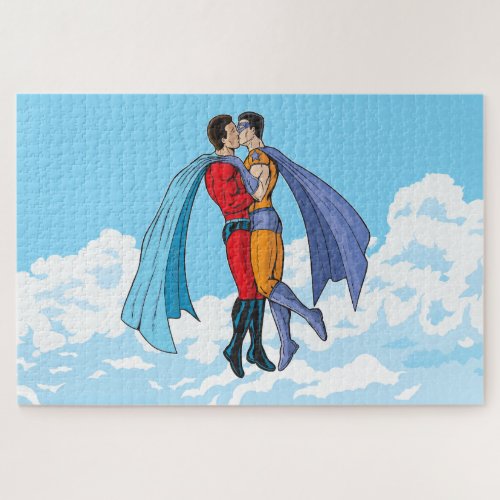 SlipperyJoes kissing superheroes flying gay coupl Jigsaw Puzzle