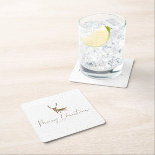 SlipperyJoe's line art silhouette reindeer minimal Square Paper Coaster
