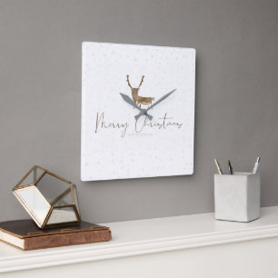 SlipperyJoe's line art silhouette reindeer minimal Square Wall Clock