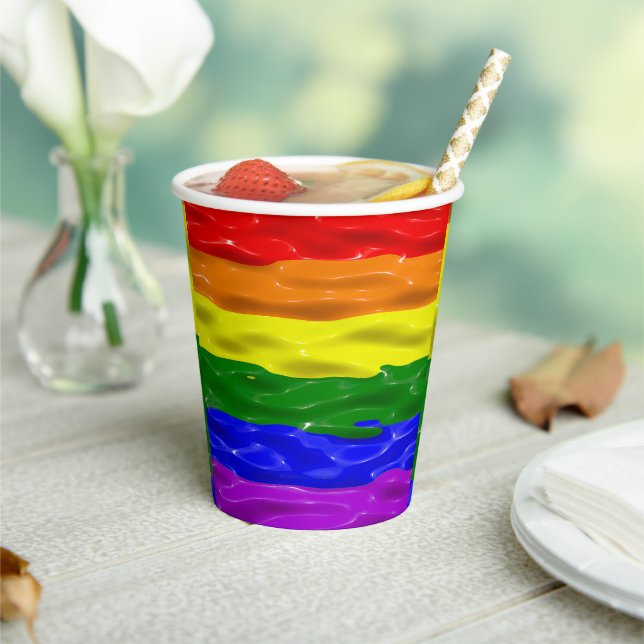 SlipperyJoe's liquid gloss pride flag red orange y Paper Cups (Insitu)
