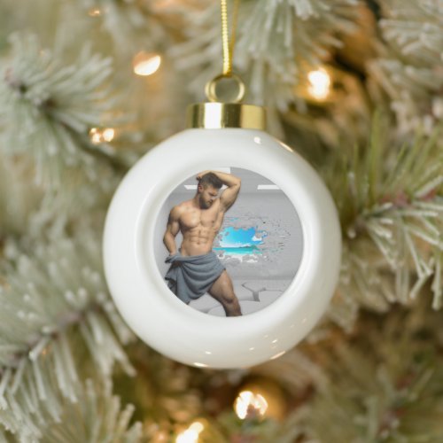 SlipperyJoes Man in a towel white room muscles cr Ceramic Ball Christmas Ornament