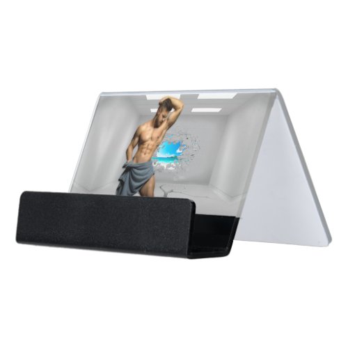 SlipperyJoes Man in a towel white room muscles cr Desk Business Card Holder