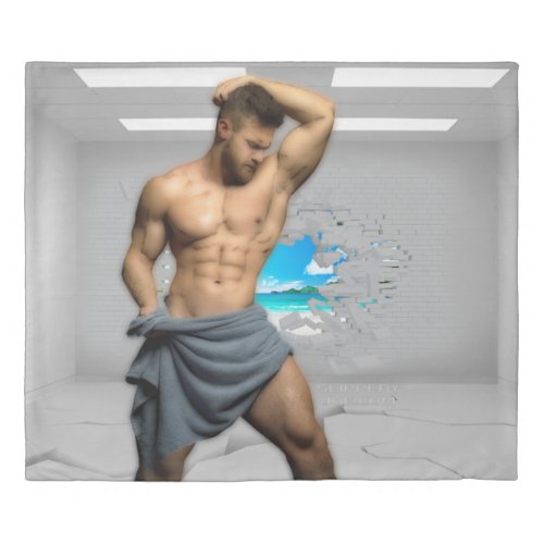 SlipperyJoes Man in a towel white room muscles cr Duvet Cover