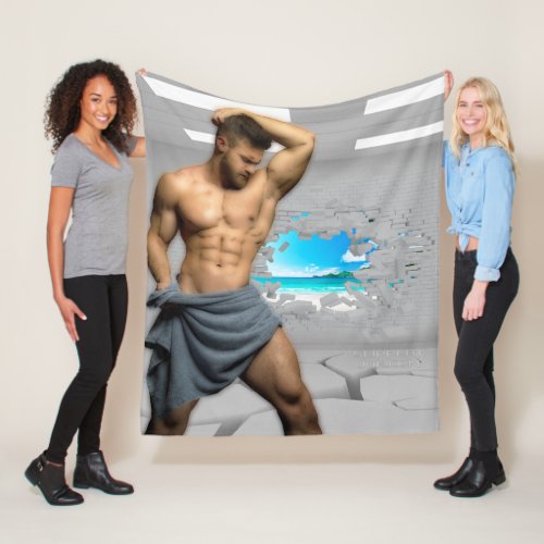 SlipperyJoes Man in a towel white room muscles cr Fleece Blanket