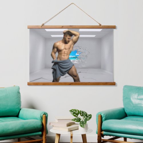 SlipperyJoes Man in a towel white room muscles cr Hanging Tapestry