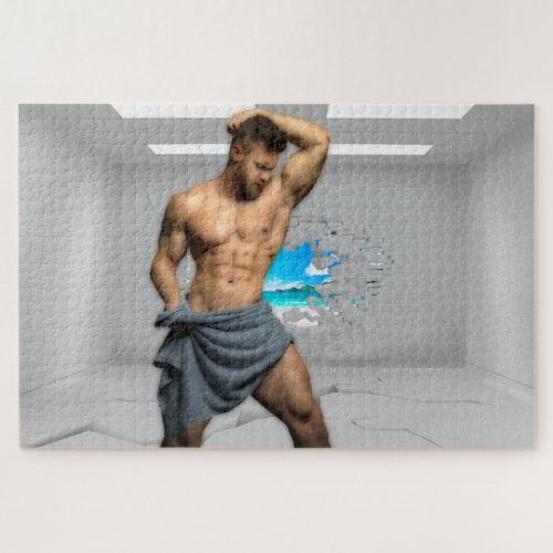 SlipperyJoes Man in a towel white room muscles cr Jigsaw Puzzle