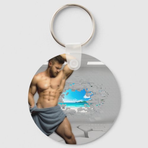 SlipperyJoes Man in a towel white room muscles cr Keychain