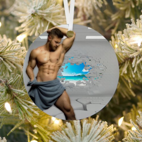 SlipperyJoes Man in a towel white room muscles cr Metal Ornament