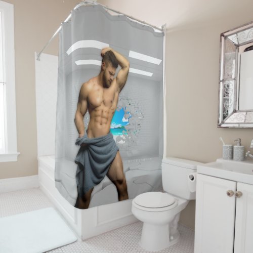 SlipperyJoes Man in a towel white room muscles cr Shower Curtain
