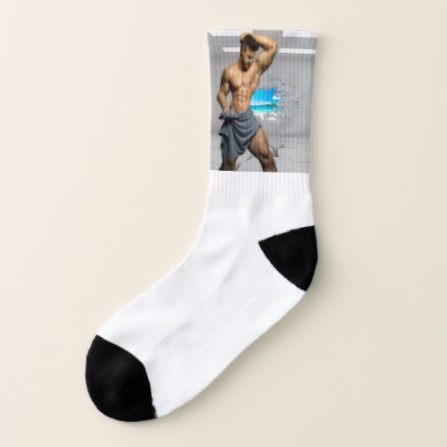 SlipperyJoes Man in a towel white room muscles cr Socks