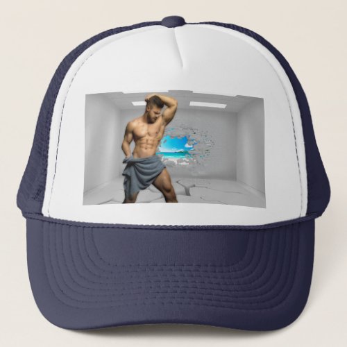 SlipperyJoes Man in a towel white room muscles cr Trucker Hat