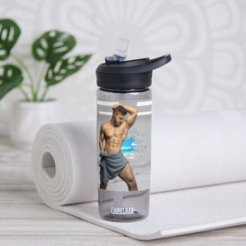 SlipperyJoes Man in a towel white room muscles cr Water Bottle