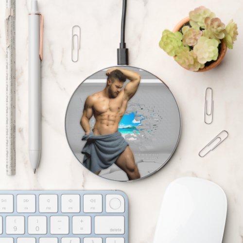 SlipperyJoes Man in a towel white room muscles cr Wireless Charger