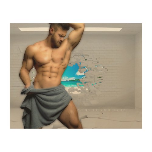 SlipperyJoes Man in a towel white room muscles cr Wood Wall Art