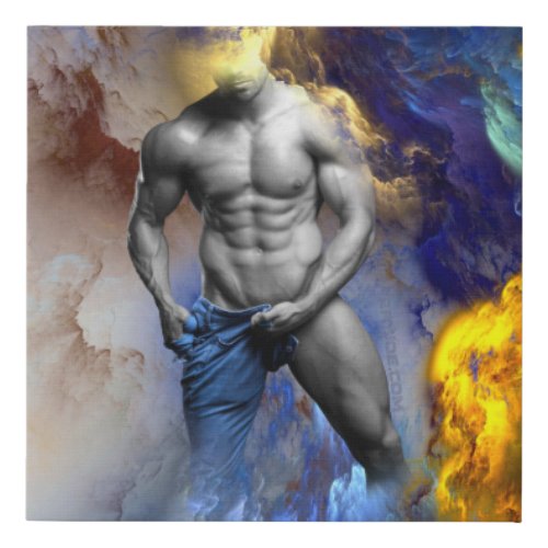 SlipperyJoes Man steamy shirtless abs sixpack put Faux Canvas Print