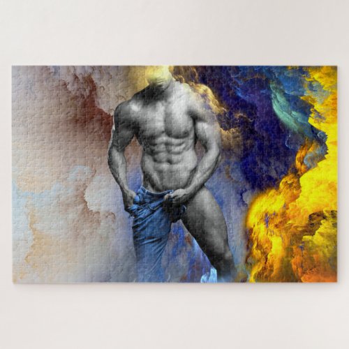 SlipperyJoes Man steamy shirtless abs sixpack put Jigsaw Puzzle